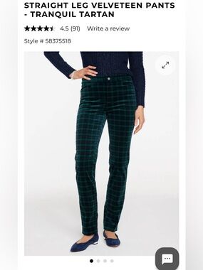 Talbots Green and Black Plaid Velvet Straight leg Pants Size 14P